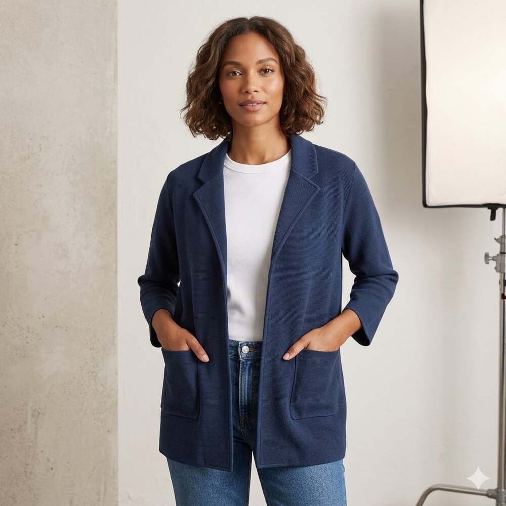 Quince Women's XL Casual Blazer, 100% Organic Cotton Knit Jacket Navy Blue